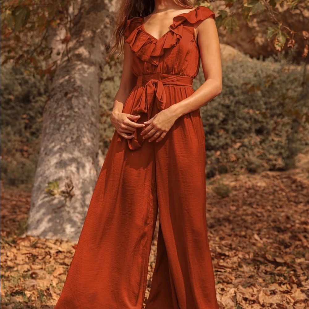 Rust Orange Satin Wide-Leg Jumpsuit